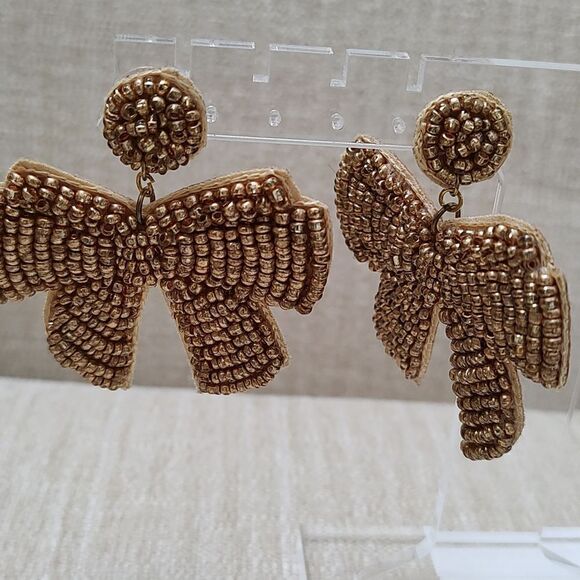 Gold Beaded Bow Pierced Drop Earrings - Picture 7 of 8